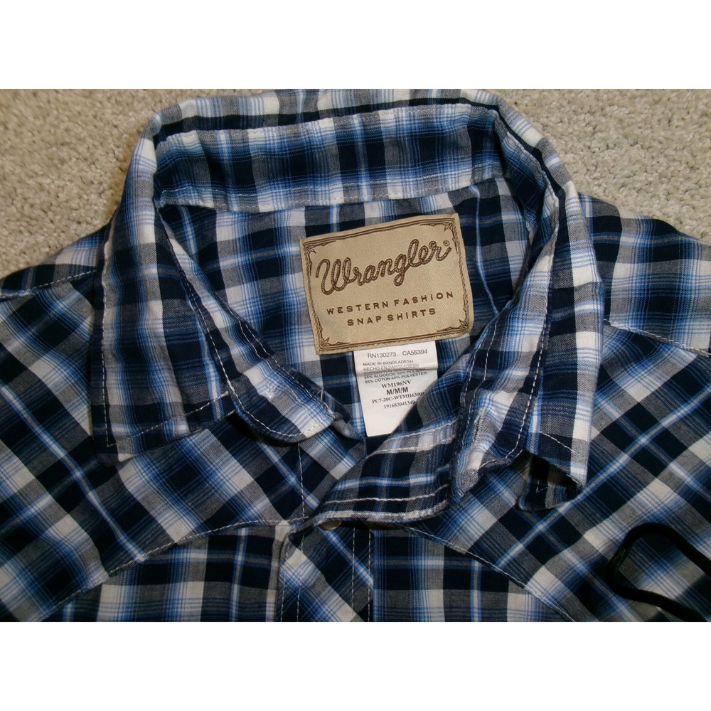 Wrangler Western Fashion Snap Shirt Mens Medium Blue Plaid Short Sleeve WM196NV - Picture 2 of 6